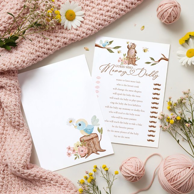 Gissa vem som har fått ett jokerkort för barn i tr inbjudningar (Guess Who Woodland Bear Girl Baby Shower Game Card)