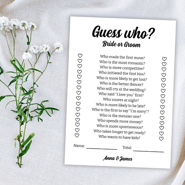 Gissa vem som spelar eller spelar Bröllop? Kort (Guess Who Bride Or Groom Wedding Game Card)
