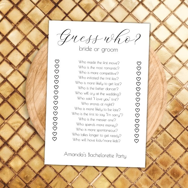 Gissa vem som spelar eller vem som spelar i partie kort (guess who bride or groom bachelorette party game she said he said bridal shower)