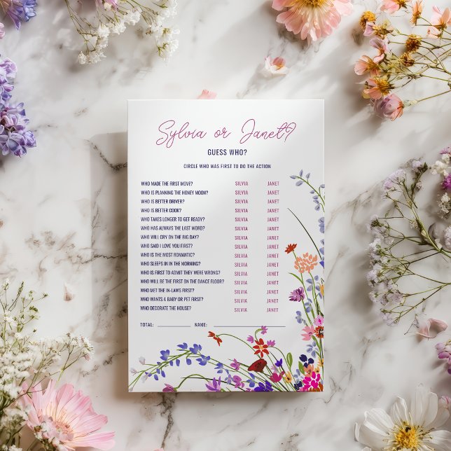 Gissa vem som spelar jokerblommor i möhippan blomm (Guess who wildflowers floral bridal shower game)
