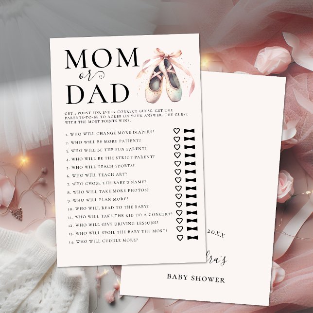 Gissa vem som spelar Rosan Ballerina Shoes på baby Flygblad (ballerina baby shower game guess who mom dad pink ballet shoes pointes watercolor elegant chic)