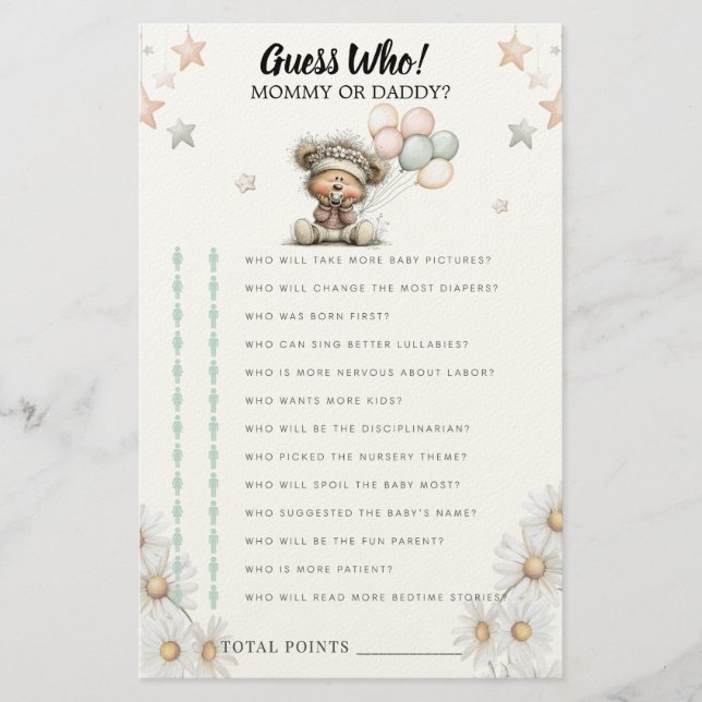 Gissa vem spel Whimsical Teddy Bear Baby Shower  Brevpapper (Framsida)