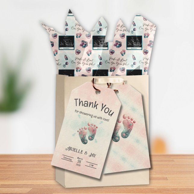 "Gissa vem" - Ultraljudsfest för avslöjandet av ba Presentetikett (Thank You Gift Tags for Gender Reveal "Guess Who" Baby Shower Footprints Gifts)
