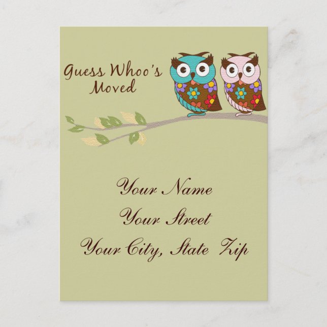 Gissa vems Flyttat Uggla-kort Meddelande Vykort (Framsida)