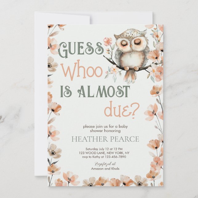 Gissa vems Woodland Uggla Baby Shower Inbjudningar (Framsida)