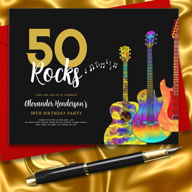 Gitarr 50-årsfest 50 rockar (Rock and roll cool black and gold 50th birthday party invitations 50 Rocks colorful guitar art)