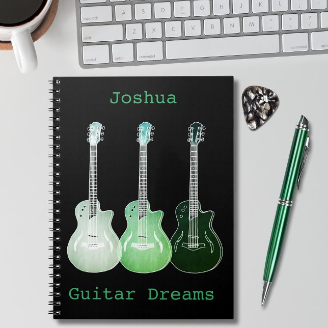 Gitarr Konst lägg till Namn Grön Svart Låtskrivand Anteckningsbok (guitar illustrations on black green pop art personalized notebook guitarist musician songwriting )