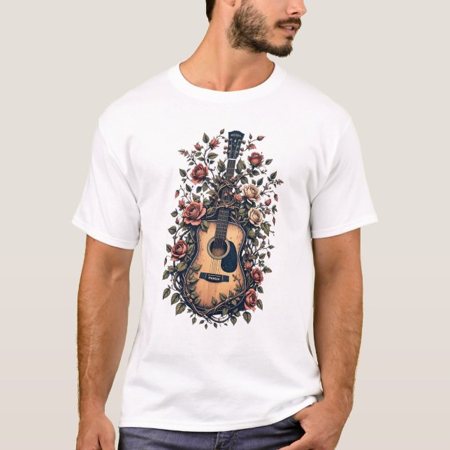 gitarr med blommande ro-design t shirt (Framsida)