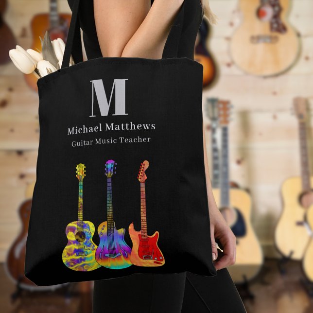 Gitarr Musik Handledare Anpassad QR-kod Tygkasse (Guitar teacher music business Custom tote with website QR code and personalized monogram)
