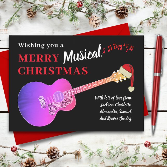 Gitarr Musikalisk God Jul Rosa Budget Helg Vykort (Christmas guitar wearing a Santa hat custom pink and black budget holiday greetings postcard)