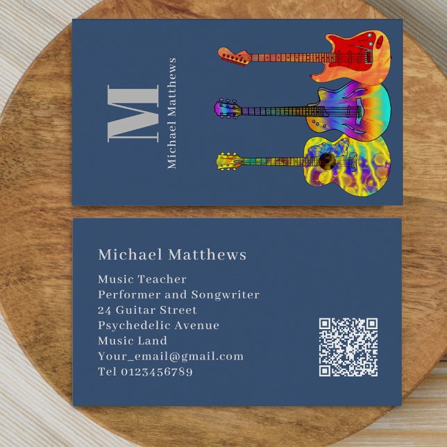 Gitarr Musiklärare Musiker Anpassad QR-kod Visitkort (Modern guitar music teacher professional musician qr code blue Business card)