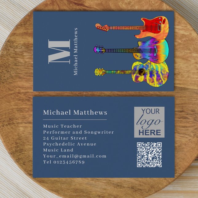 Gitarr Musiklärare Musiker Logo QR-kod Visitkort (Guitar music tutor professional musician logo QR code blue gray Business card)