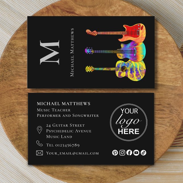 Gitarr Musiklärare Musiker Logotyp Sociala Medier Visitkort (Modern guitar music teacher professional musician logo social media Business card colorful guitars)