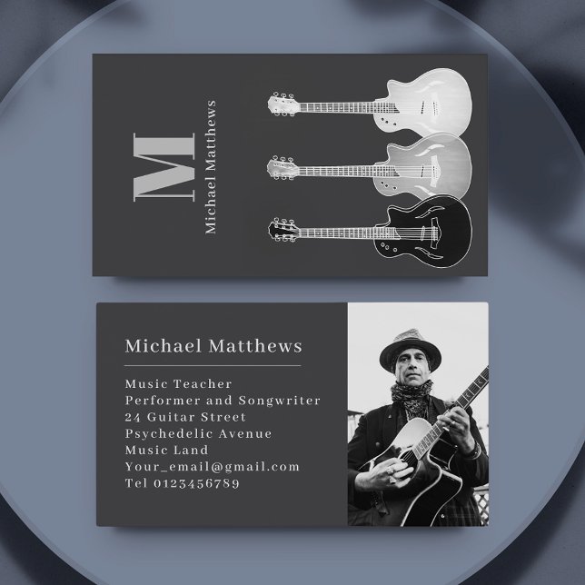 Gitarr Musiklärare Professionell Musiker Foto Visitkort (Musician guitar teacher photo custom business card)