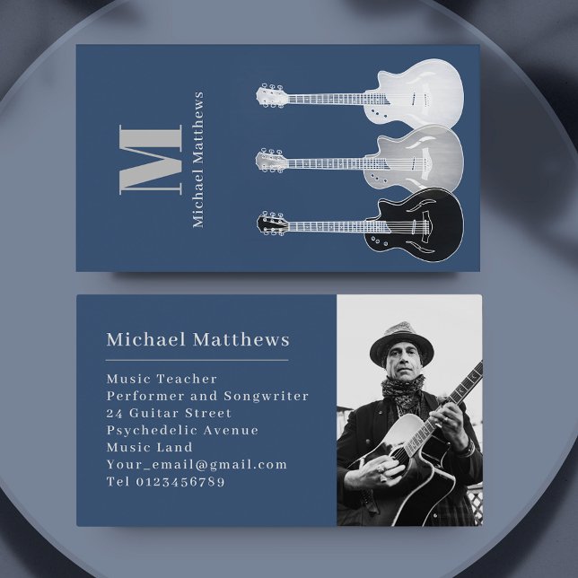 Gitarr Musiklärare Professionell Musiker Foto Visitkort (Guitar musician teacher custom photo business card)