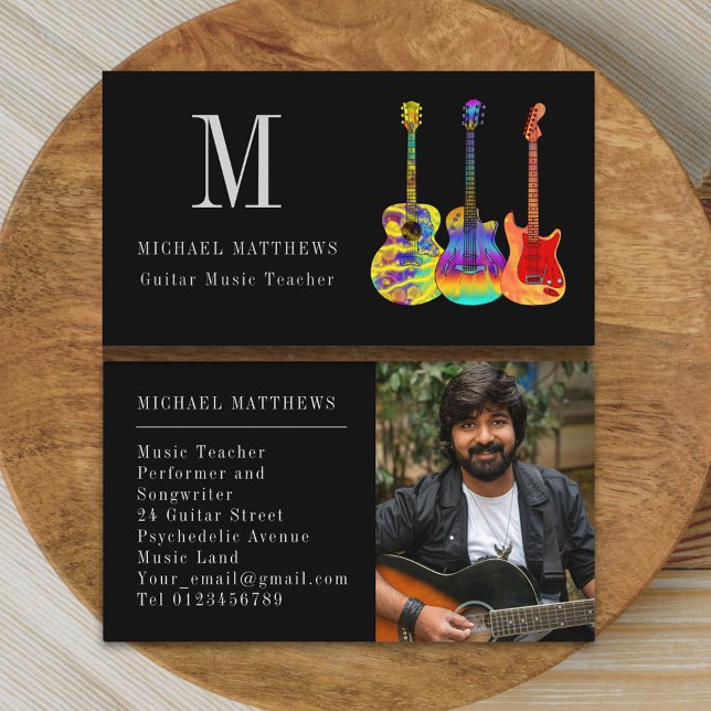 Gitarr Musiklärare Professionell Musiker Foto Visitkort (Modern guitar music teacher custom photo business card)