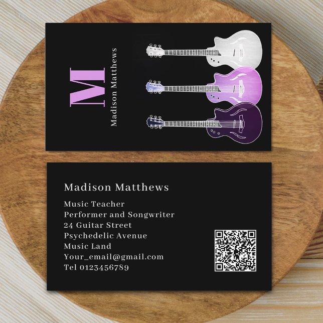 Gitarr Musiklärare Professionell Musiker QR-kod Visitkort (Modern guitar music teacher professional musician qr code black pink Business card Female guitarist)