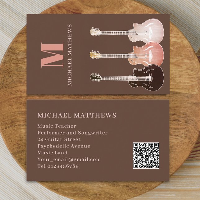 Gitarr Musiklärare Professionell Musiker QR-kod Visitkort (Simple Rustic guitar teacher professional musician qr code Business card)