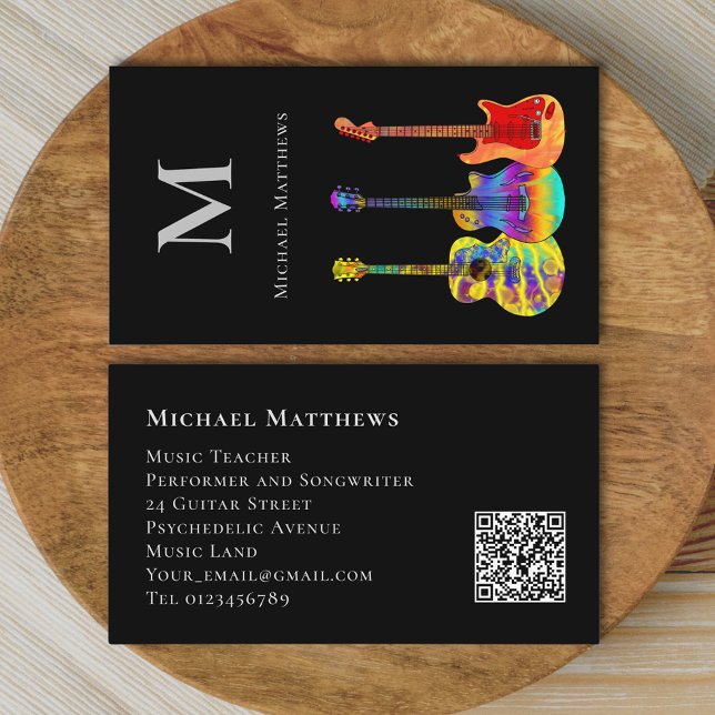 Gitarr Musiklärare Professionell Musiker QR-kod Visitkort (Elegant Guitar music teacher qr code custom business card)