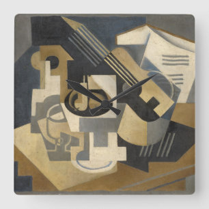 Gitarr- och fruktbunke på ett bord, 1918 fyrkantig klocka