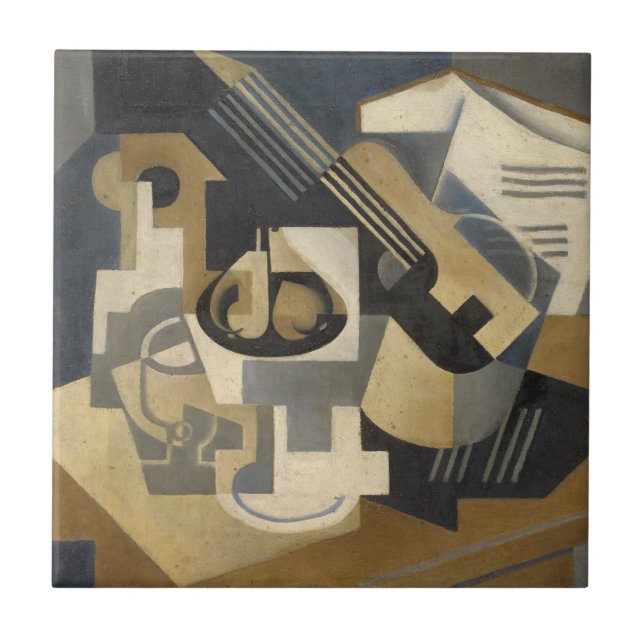 Gitarr- och fruktbunke på ett bord, 1918 kakelplatta (Framsidan)