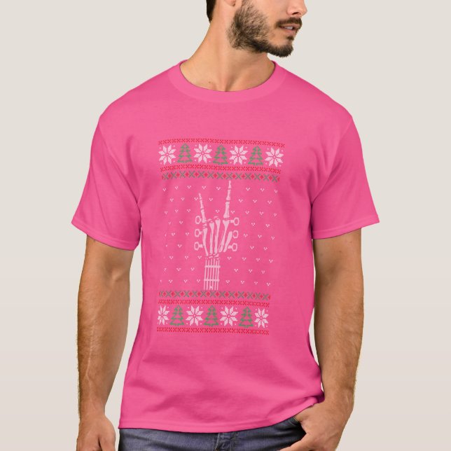 Gitarr skelett hand djävul horn ful jul svettis t shirt (Framsida)