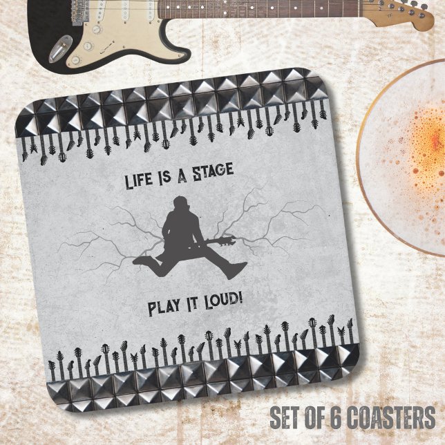 Gitarr Spela Högt Grå Svart Musik Rockstjärna Underlägg Papper Kvadrat (Inspire your inner Rockstar with these edgy Life Is a Stage coasters)