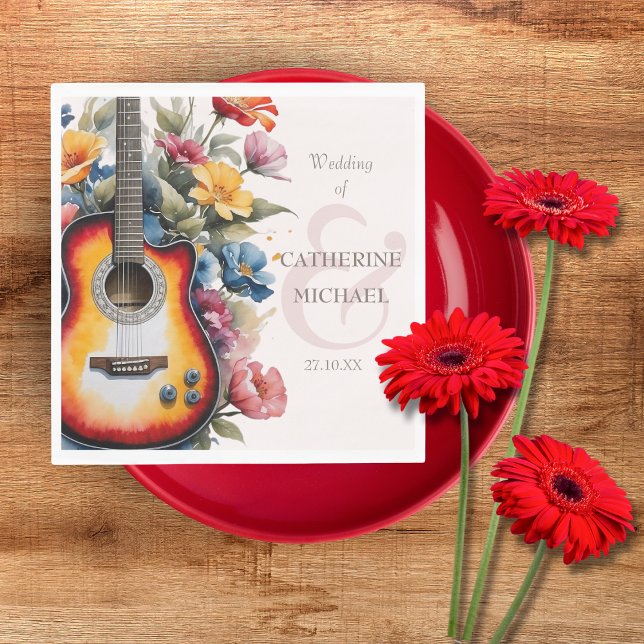 Gitarr Vildblomma Et-tecken Musikalisk Bröllop Pappersservett (Flat lay music theme wedding guitar botanical cottage garden ivory Napkin)