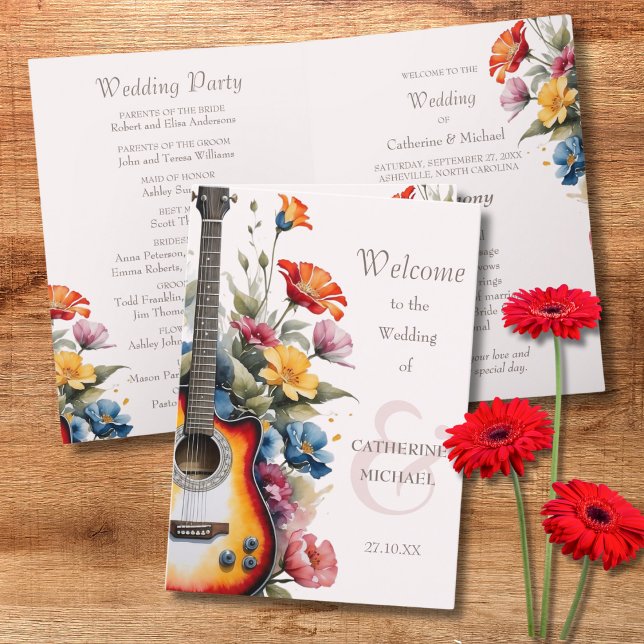 Gitarr Vildblomma Musikalisk Country Vår Bröllop Program (Flat lay musical concert country rustic vibe botanical cottage garden Wedding Program)