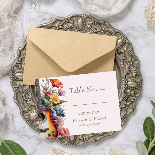 Gitarr Vildblomma Musikalisk Land Land Bryllop Vår Placeringskort (Flat lay music theme wedding guitar wildflower meadow rustic elegance Place Card)