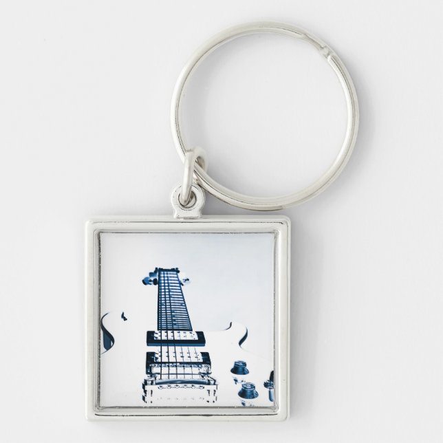 Gitarren avbildar Keychain Fyrkantig Silverfärgad Nyckelring (Framsidan)