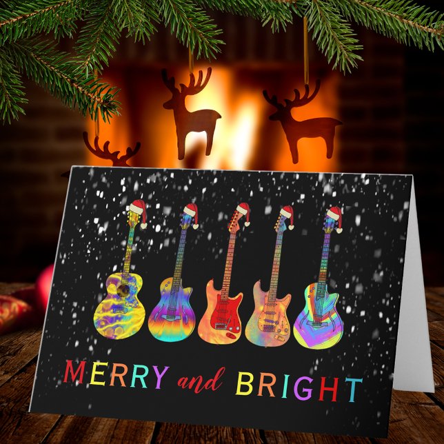Gitarrer som bär tomteluvor helgkort (Merry and Bright Christmas colorful electric acoustic guitars custom holiday greetings folded card)