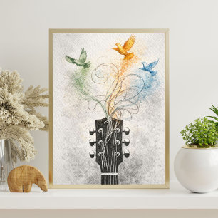 gitarrhuvud konst flygande fåglar illustration poster