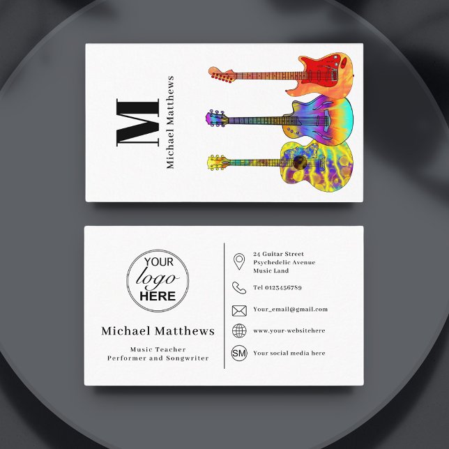 Gitarrlärare Anpassad logotyp Sociala medier-ikon Visitkort (Guitar music teacher social media logo custom business card )
