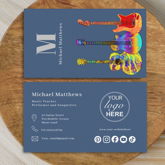 Gitarrlärare logotyp och skräddarsydd social media visitkort (Modern guitar teacher professional musician social media Business logo blue business card)