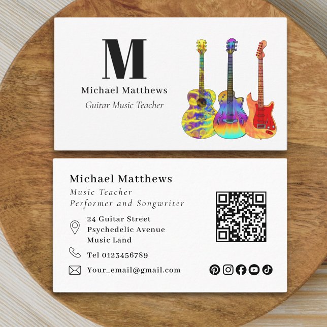 Gitarrlärare Musikbransch QR-kod Sociala medier Visitkort (Guitar teacher musician qr code and social media business card)