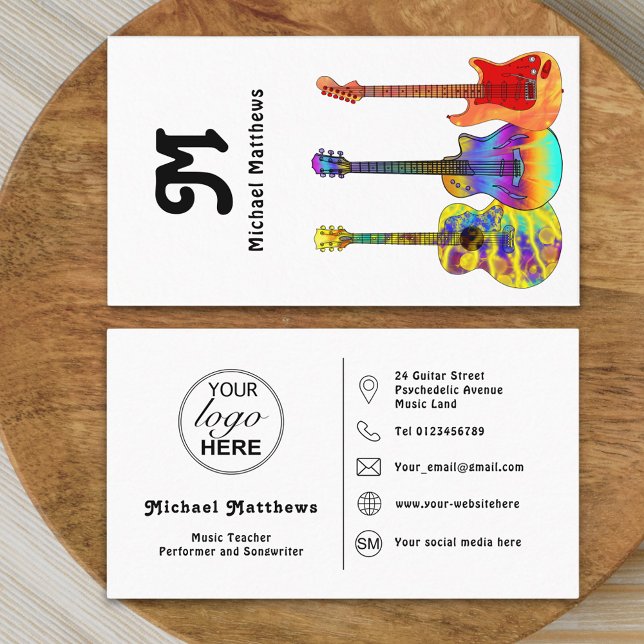 Gitarrlärare Musiker Logo Sociala Medier Ikon Visitkort (Modern guitar teacher professional musician logo social media Business card retro groovy typography )