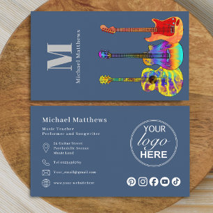 Gitarrlärare Musiker Logotyp och Sociala Medier Visitkort