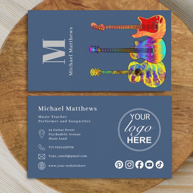 Gitarrlärare Musiker Logotyp och Sociala Medier Visitkort (Modern guitar teacher professional musician social media Business logo card)