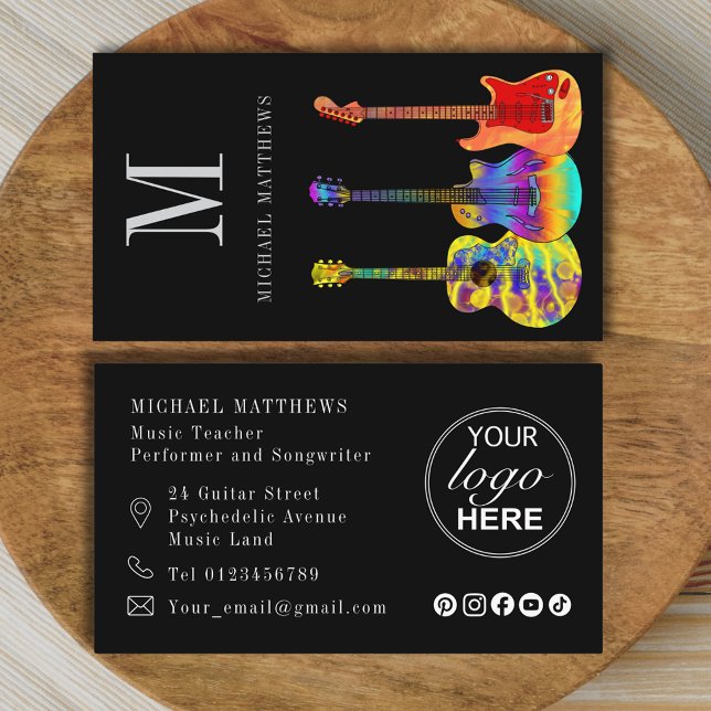 Gitarrlärare Musiker Logotyp och Sociala Medier Visitkort (Modern guitar teacher musician logo and social media custom business card)