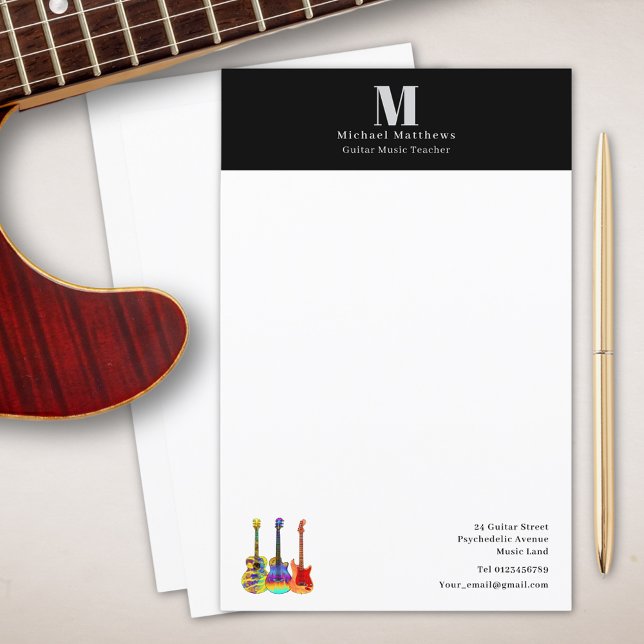 Gitarrlärare Musiklektioner Anpassad Företag (Guitar music teacher custom business stationary)