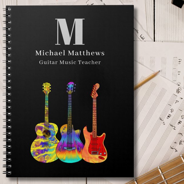 Gitarrlärare Musiklektioner Anpassade Anteckningsbok (Guitar teacher music business custom notebook with funky psychedelic guitars  personalized monogram)