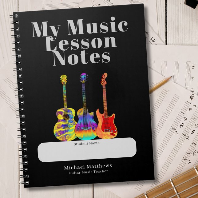 Gitarrlärare Musiklektioner Student Anpassad Anteckningsbok (Guitar teacher custom student notebook for music lesson notes Colorful psychedelic guitar artwork)