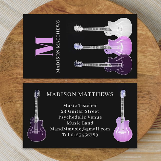 Gitarrlärare Professionell Musiker Rosa Svart Visitkort (Simple Guitar music teacher professional musician pink and black Business card Semi acoustic art)