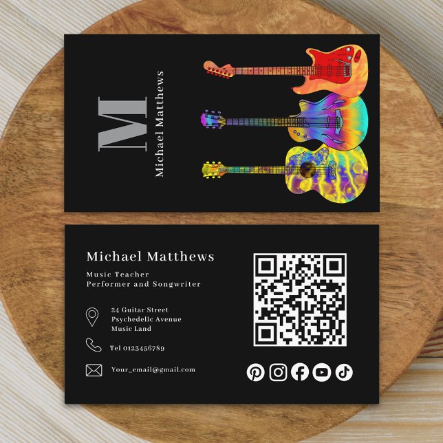 Gitarrlärare QR-kod och anpassad sociala media Visitkort (Modern professional musician guitar music teacher qr code social media Business card)