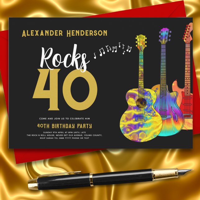 Gitarrmusik 40-årsfest inbjudningar (Rock ad roll black and gold 50th birthday party invitation with psychedelic guitars and music)