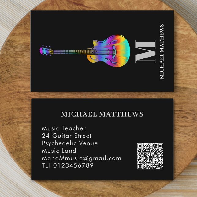 Gitarrmusikhandledare Professionell musiker QR-kod Visitkort (Modern guitar teacher professional musician qr code Business card Colorful semi acoustic guitar art )