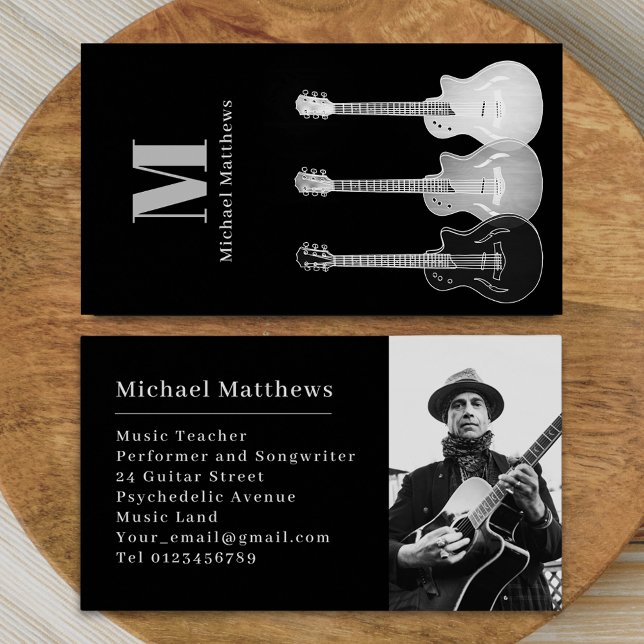 Gitarrmusiklärarens professionella musikerfoto visitkort (Modern simple Guitar music tutor professional musician photo Business card Black gray and white)