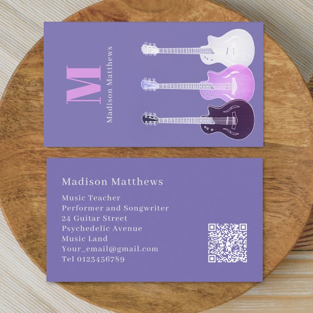 Gitarrmusiklärarens QR-kod lila rosa Visitkort (Guitar teacher music tutor musician performer Pink purple qr code Business card)