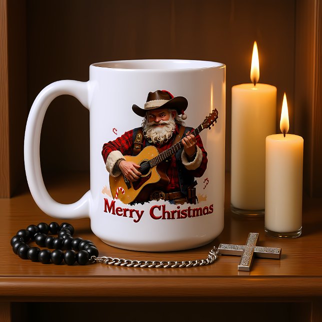 Gitarrspelande cowboy jultomte kaffemugg (Skapare uppladdad)
